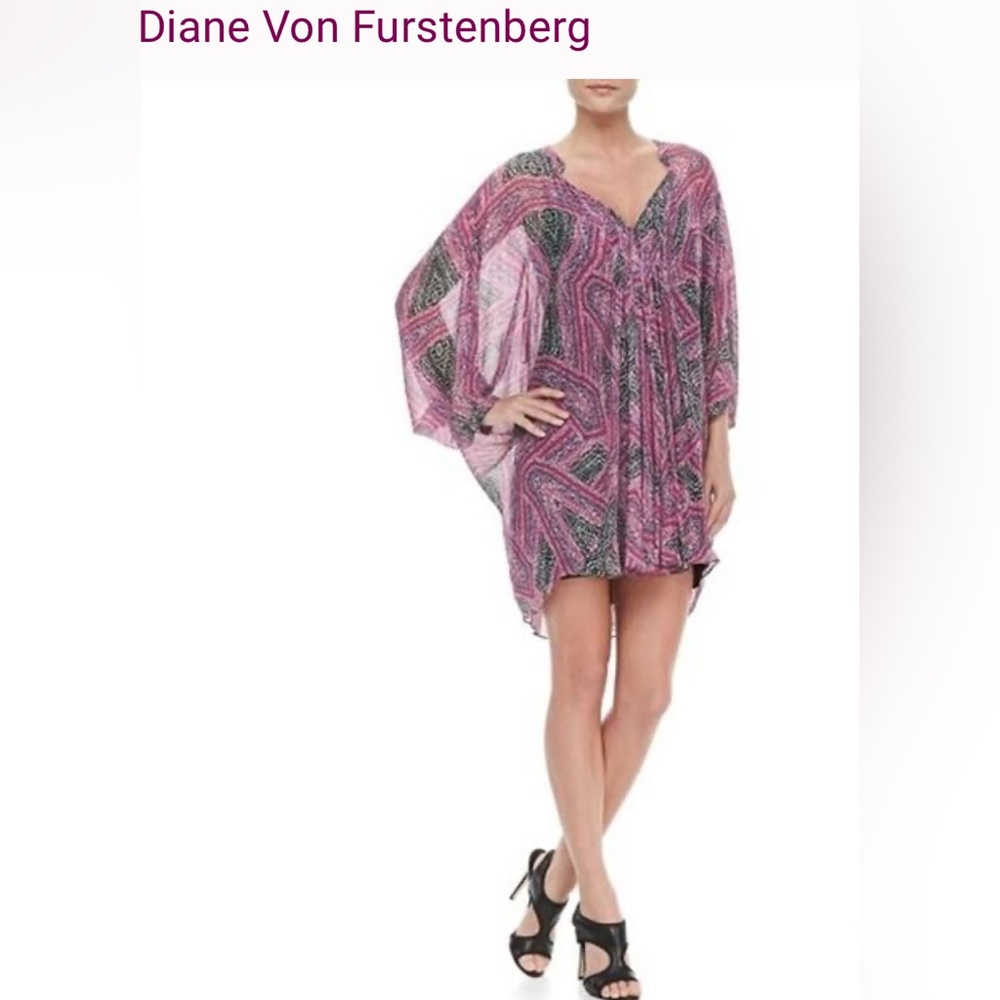 Diane Von Furstenberg Fleurette Pink Black Sheer Silk Mini Dress